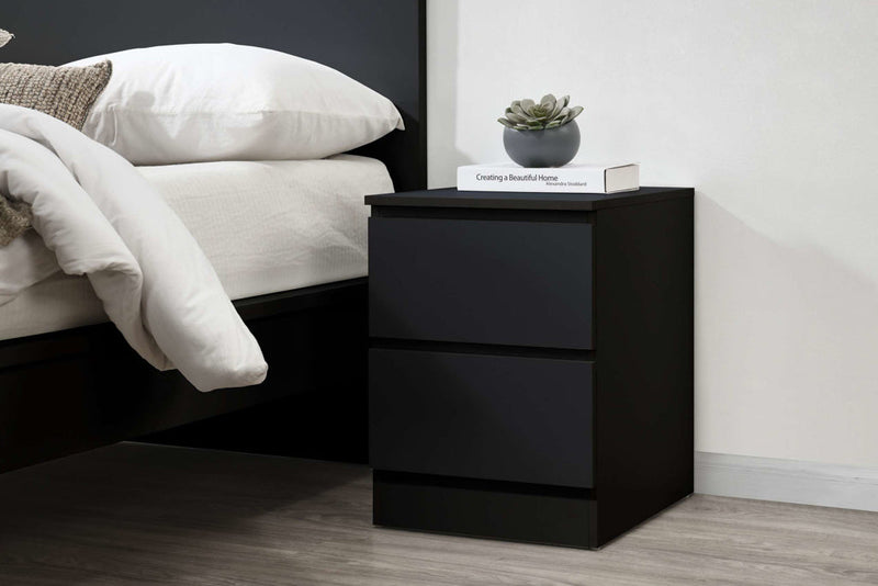 Black Wooden 2 Drawer Bedside Table