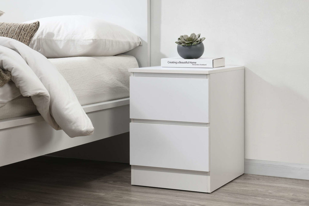 White Wooden 2 Drawer Bedside Table