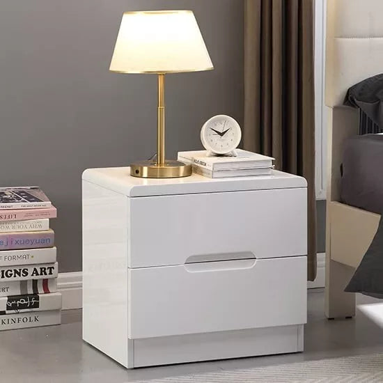 Modern 2 Drawer Bedside Table Cabinet in White High Gloss